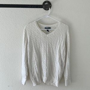 white cable knit v-neck sweater